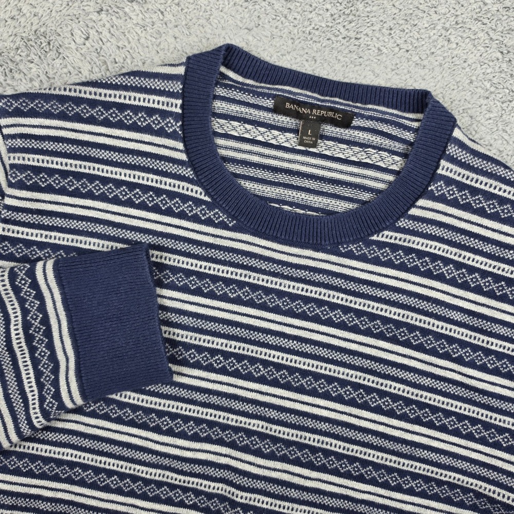 Banana Republic Fair Isle Sweater Mens Large Blue White Striped Cotton Pullover